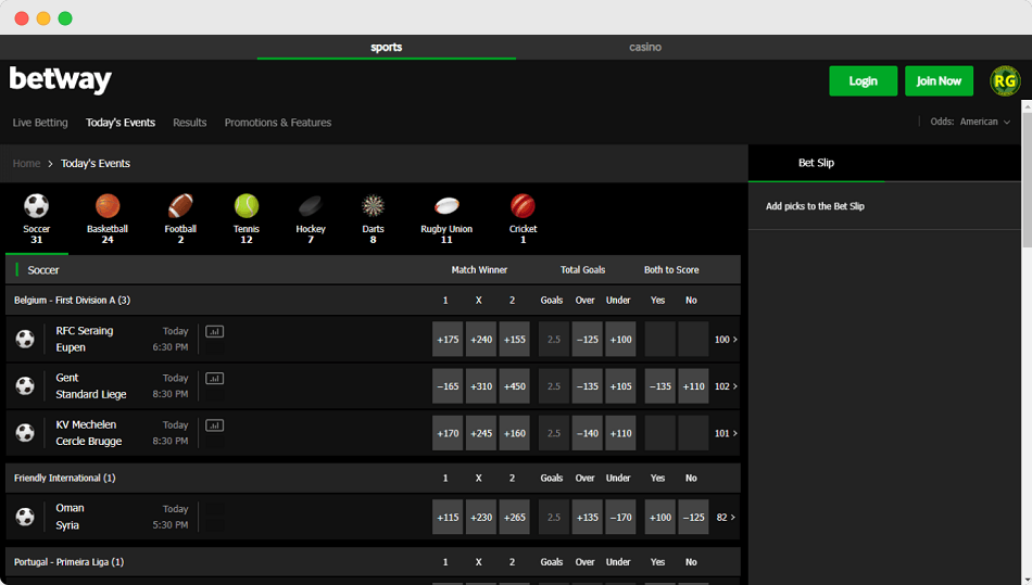 Screenshot of Betway New Jersey Sport section