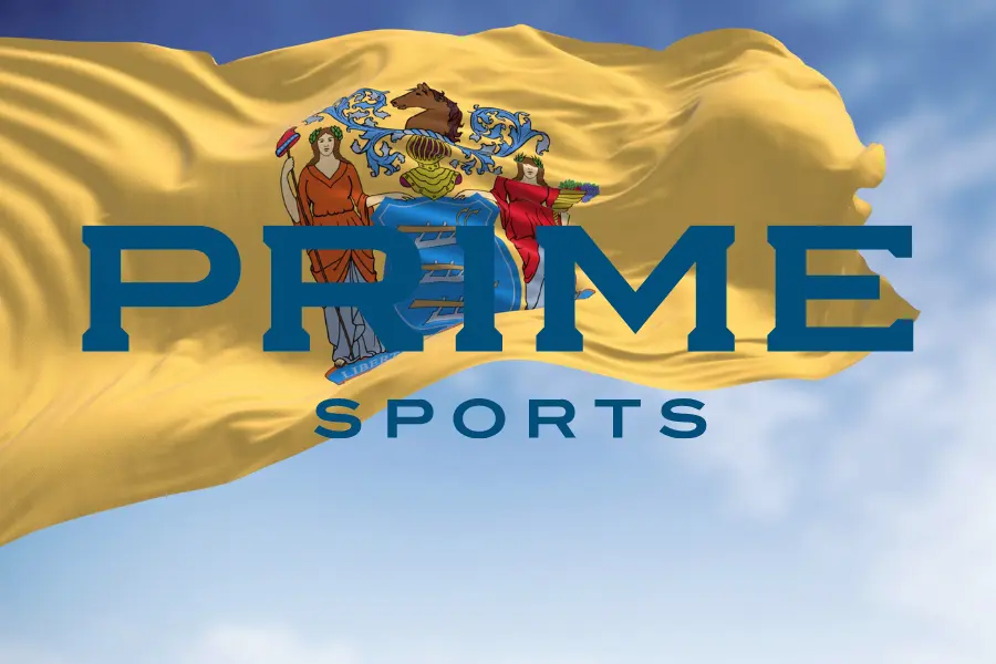 Flag of New Jersey state waving in the wind with a prime sports logo